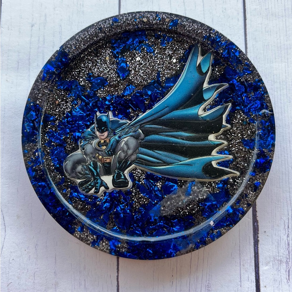 Small Batman Resin Coaster – Handmade Black Glitter & Blue Foil Drink Holder